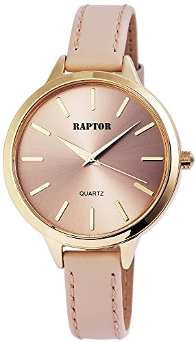 Raptor Damen-Uhr Leder Armbanduhr 12mm breit 22cm lang ⌀38mm schmal elegant beige goldfarbig Geschenke für Frauen