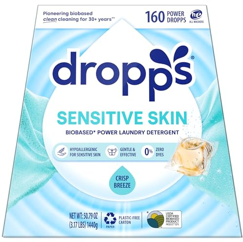 Dropps Sensitive Skin Lot de 160 capsules de lessive en dosettes Parfum frais Hypoallergénique Respectueux de l'environnement Sans plastique