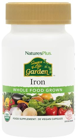 NaturesPlus Source of Life Garden Iron - 18 mg Organic Plant Based Gentle Iron Supplement, Highly Bioavailable - Vegan, Gluten Free, One A Day - 30 Capsules