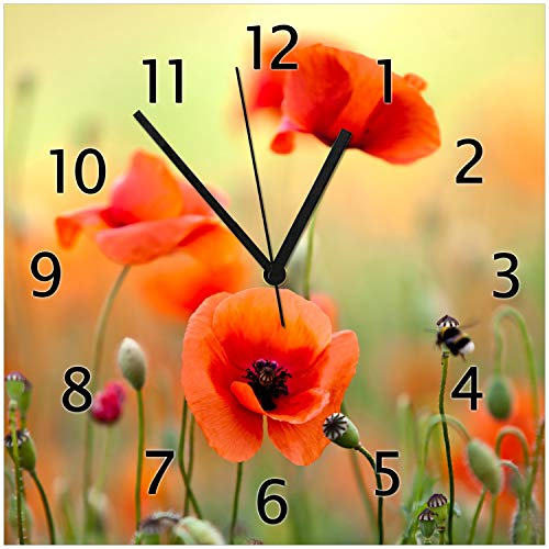 Wallario Design-Wanduhr Mohnblumenblüten aus Glas, Motiv-Uhr Größe 30 x 30 cm, Schwarze Zeiger