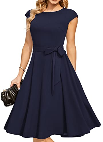 DRESSTELLS Women's Vintage 50s Round Neck Short-Sleeved Bridesmaid Dress, Cocktail Party, Wedding Dress, Marine, XXL