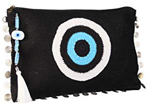 KarensLine Handmade Evil Eye Nazar Jute/Sackleinen Clutch Bag Strandtasche Reißverschluss Kristalle, Schwarz, Medium