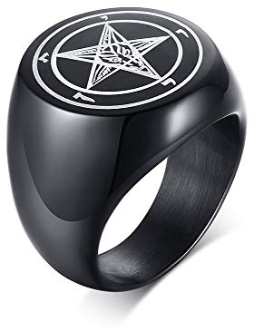 PJ JEWELLERY Gotisches Schmuck Siegel Siegel von Luzifer Ring Pentagramm Ziegenkopf Baphomet Satanismus Satan Ring Band für Männer in Edelstahl, Größe 62 (19.7)