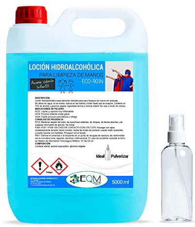 EQM - ECO-901N - Loción Hidroalcohólica de Manos Perfumada - 5L - Eficacia certificada por laboratorio - Limpieza e Hidratación profunda - Con alto contenido en glicerina - Esencia a colonia infantil