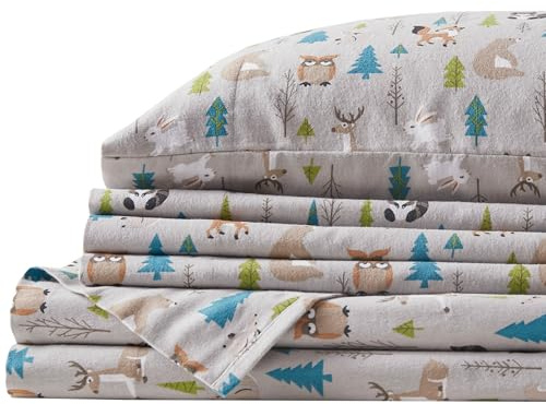 Comfort Spaces Baumwoll-Flanell-Bettlaken mit Kissenbezug, atmungsaktiv, warm, Tiefe Taschen, Bettwäsche, Twin XL, Multi Forest Animal 3-teilig