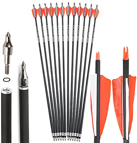 SHARROW 32 Zoll Carbon Pfeile für Bogenschießen Spine 500 Kohlenstoffpfeil Jagd Bogen Pfeile Jagdpfeile mit 4 Zoll Natürliche Federn für Pfeil Und Bogen Recurvebogen Compoundbogen (Orange, 12P)