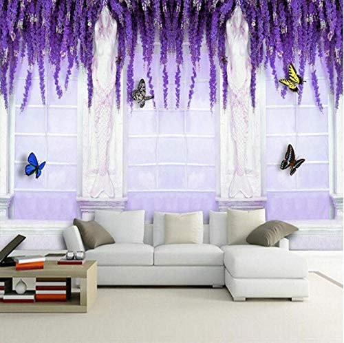 Photo Papier Peint Violet vignes fenêtres 3D Intissé Décoration Murale XXL Poster Trompe l oeil Tableaux Muraux pour Salon Chambre Toile de Fond Mur 400x280cm
