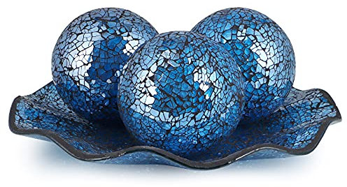 MDLUU Centerpiece Bowl and Balls Set, Mosaic Tray with 3 Pieces Spheres, 12 Decorative Plate with 4 Mosaic Orbs for Home Decor, Gift (Turquoise)