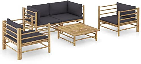 KOIECETA Gartenmöbel Kissen Garten Garnitur Sitzgruppe Sofa Gartensofa Lounge Sitzgarnitur Gartenset Ecksofa Mittelsofa Bambus (2X Eckteil + 2X Sessel + Tisch, Dunkelgrau)