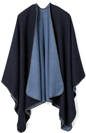 Lindoro Einfarbiger Schal für Damen Offener vorderer Poncho-Umhang, Warme Winter Strickjacke Pashmina Schal (Zweifarbiges Blau)