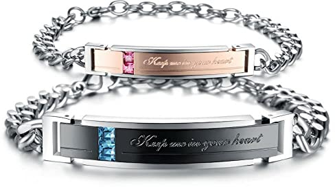Kim Johanson Edelstahl Pärchen Armbänder *Keep Me In Your Heart* in Silber, Roségold & Schwarz | Armkette mit Zirkonia | Geschenk für Paare mit Gravur | Wasserfest | Verstellbar inkl. Schmuckbeutel