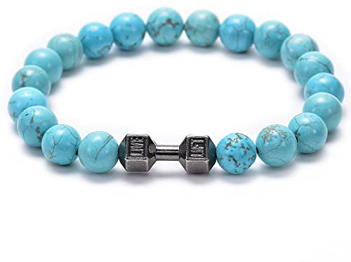 OZEO Bergkristall Armband, Natürliche Blaue Türkisfarbene Steinarmbänder Barbell Dumbbell Charm Perlen Chakra Armbänder Elastische Energie Edelstein Armreifen Balance Yoga Schmuck Für Frauen Männer
