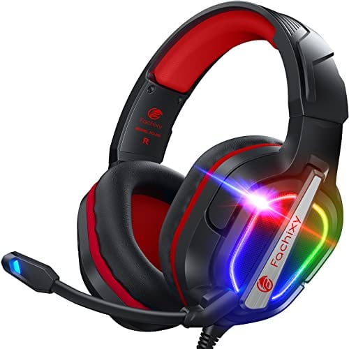 Fachixy FC200 Cuffie Gaming per PS4 PS5 PC Xbox Nintendo Switch, con Luce RGB, Microfono, Audio Stereo, con Cancellazione Del Rumore con filo -Rosso