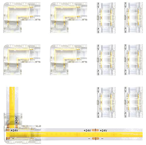 Arotelicht LED Streifen Steckverbinder Verbinder Set 12V 24V für 8mm Breite COB LED 2Pin, 6 Stück Transparente Mittelverbinder, 4 Stück L Form für LED Streifen