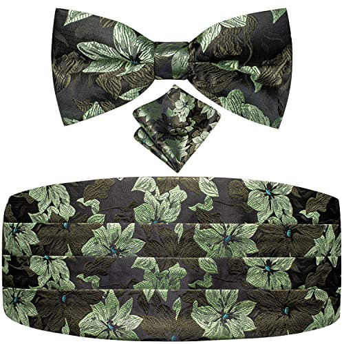 Dubulle Herren Paisleymuster Kummerbund und Fliege Set vorgebundene Fliege und Taschentuch Cufflinsk Hochzeit Business, Kummerbund Salbeigrün, Medium