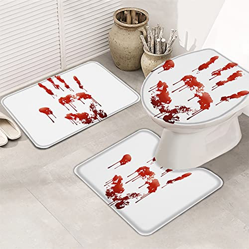 Badematten Set 3 Teilig Furchtsamer Halloween-Roter Blutiger Handabdruck Badvorleger Atmungsaktivem U-Förmiger Wc-Vorleger rutschfeste Wc Cover Mat Für Neben Der Badewanne, Badezimmer, Bad