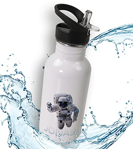 timalo® Trinkflasche für Kinder personalisiert mit Namen | auslaufsichere Edelstahl Sportflasche Kindergarten Geschenk für Jungen und Mädchen 400mL | Astronaut