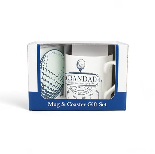 Purely Home Fathers Day Grandad Mug & Coaster Gift Set Average Golfer Gift - Bone China Mug/Coaster Blue Golf Sport Grandad Gift Coffee/Tea Gift