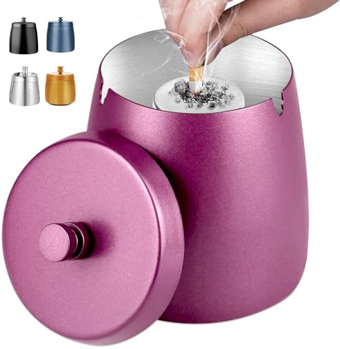 H.Romo Aschenbecher mit Deckel – Aschenbecher für Zigaretten Raucher, rauchfreier Aschenbecher mit Abdeckung geruchsdicht für drinnen und draußen, winddichter Metallaschenbecher für Terrasse (Rose, M)
