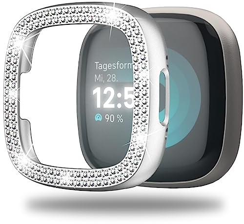 Miimall Hülle Kompatibel mit Fitbit Versa 4 Hülle/Fitbit Sense 2 Hülle, Glitzer Strass Diamant Harter PC Schutzrahmen Stoßfest Damen Schutzhülle für Fitbit Versa 4/Fitbit Sense 2 -Silber