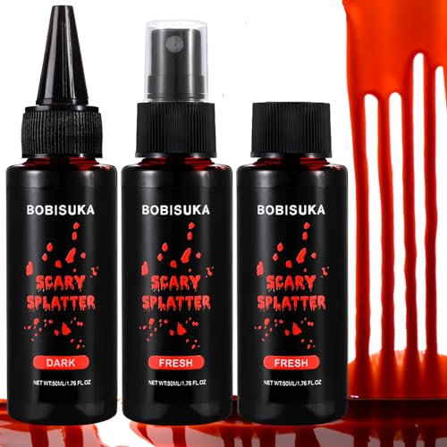 BOBISUKA Halloween Sangre Falsa Pack de 3, Spray de Sangre Falsa Realista, Lavable, Segura, Profesional Sangre Falsa como Espectáculo, Película, Broma, Disfraz de Zombies, Vampiros