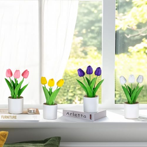 BLOSMON Kunstblumen Künstliche Tulpen mit Topf: 4 Stücke Künstlich Blumen wie echt Mini Blumenstrauß Tulpe im Weiß Plastik Vase für Geschenk Wohnzimmer Deko Zuhause Hochzeit Dekoration