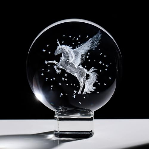 6 cm große Kristallkugel mit Gravur, 3D-Pegasus-Figur, Briefbeschwerer mit Ständer, Glas-Einhorn, fliegendes Pferd, Sammlerstück, Heimdekoration, Weihnachten, Geburtstag, Geschenke für Frauen und