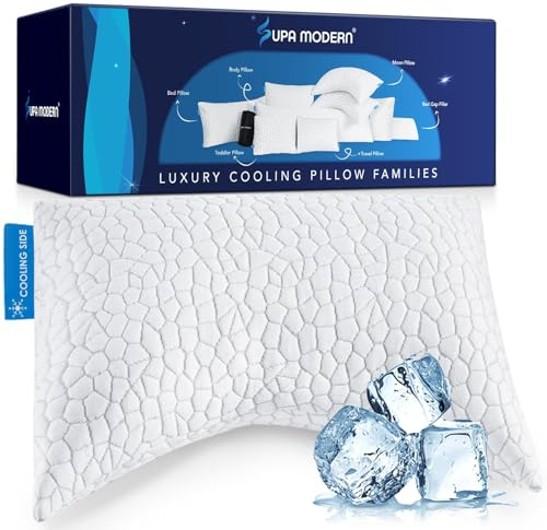 SUPA MODERN Cooling Side Sleeper Pillow, Shredded Memory Foam Bed Pillows for Sleeping Set of 1 Adjustable Queen Size Curved Neck Pillow-Cooling Pillow with Washable Cover