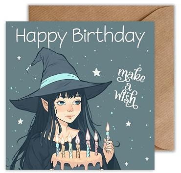 WBdesignz Happy Birthday Karte mit Umschlag - Anime Karte zum Geburtstag Hexe Geburtstagskarte Magische Glückwünsche zum Geburtstag (125 x 125 mm)