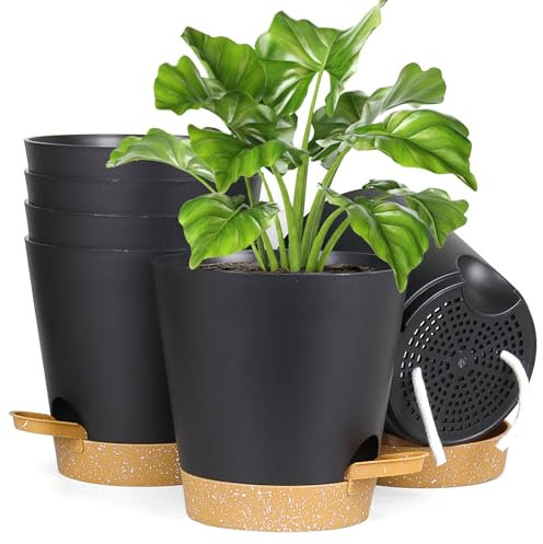 Homeuouz 6 Packs Blumentopf Selbstbewässernd, 17.8cm Pflanzentopf mit Bewässerungssystem, Übertopf mit Brown Untersetzer, Blumentöpfe Set Ideal für Innen und Balkongärten, Schwarz