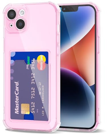Svanove for iPhone 14 Plus Case Wallet Clear, Card Holder Case with Credit Card Slot, Thin Slim Transparent Silicone Grip Soft Rubber Protective Shockproof Airbag Bumper for Women, Light Pink