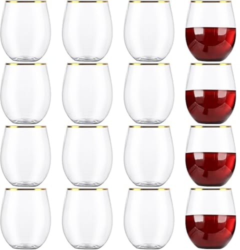 Oungy 16 Pack Plastic Stemless Wine Glasses, 12oz Plastic Wine Glasses Reusable, Clear Stemless Wine Cups Gold Rim Plastic Glasses for Party, Wedding, Picnic