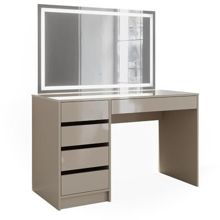 Vicco Schminktisch Sherry, Kosmetiktisch mit Spiegel, Greige Hochglanz, 120 cm mit LED-Spiegel