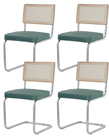 GrandCA HOME Modernes 4er-Set Esszimmerstühlen mit Rückenlehne aus Natürlichem Rohrgeflecht und Gestell aus Rostfreiem Chrom, Gepolsterte Küchenstühle aus Rattan,Grün