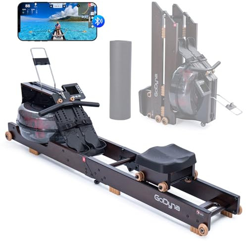 GoDyna Rudergerät für Zuhause, Rudergerät Wasser klappbar mit Bluetooth Display, 150 kg Gewichtskapazität, Abnehmbarer Griff und 360-Grad-Drehrollen, Schutzmatte