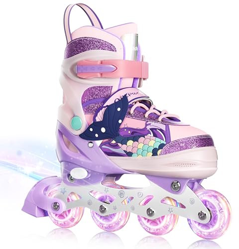 Inline Skates für Mädchen,4 Größen Verstellbar Inliner mit Allen leuchtenden Rädern für Kinder/Jugendliche (Rosa, M)