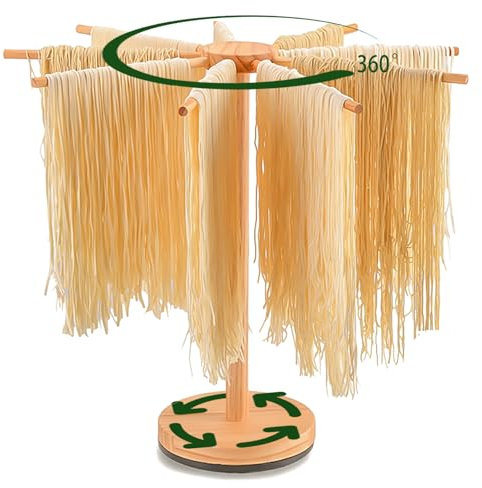 Rotary Pasta Drying Rack, 2024 New Large Bamboo Pasta Drying Rack with 9 Bars, Easy to Transfer Wood Pasta Rack Collapsible for Fresh Pasta Noodle Spaghetti Dryer Hanger Stand