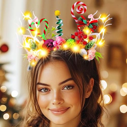 Jovono Serre-tête de Noël en forme de renne lumineux avec LED pour femme (Cœur)