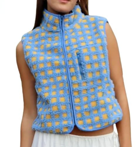 Gilet Sherpa à carreaux, sans manches, cardigan à col haut, haut d'hiver à col chaud, gilets d'extérieur, bleu, M