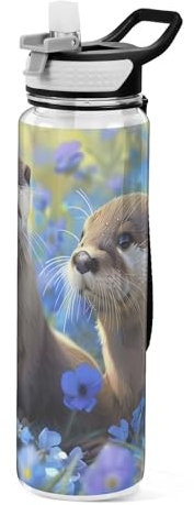 Wasserflasche mit Strohhalm, Tritan, BPA-frei, zwei Otter im Feld, Sport-Trinkflasche mit Tragegriff, auslaufsicher, perfekt für Reisen, Schule, Fitnessstudio, Fitness, Outdoor