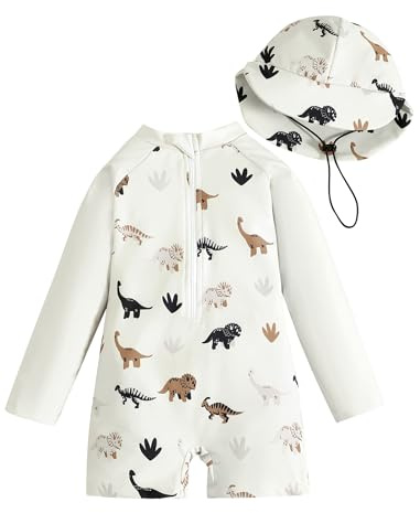 OBEEII Baby Jungen Badeanzug mit Sonnenhut UV Schutz Schwimmanzug Badebekleidung Einteiliger Reißverschluss Kinderbadeanzug Marine Tier Drucken Elfenbeinweißer Dinosaurier 12-24 Monate