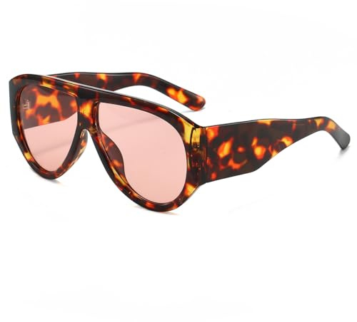LJCZKA Vintage Übergroße Sonnenbrille für Damen Herren Retro Piloten Sonnenbrille Trendy Ovale Dicker Rahmen Brille Mode mit UV Schutz (Leopard Rosa)