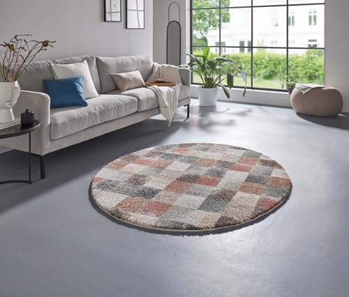Taracarpet Moderner Flauschiger Designer Teppich in Berber Optik Gemustert in Luxus Qualität fürs Wohnzimmer, Schlafzimmer und Esszimmer Mehrfarbig bunt Karos kariert 160 cm rund