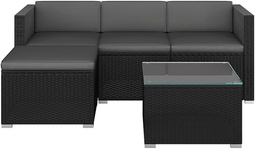 Yaheetech 5 Pieces Patio Furniture Set, PE Rattan Garden Modular Lounge Sofa Set with Tempered Glass Table and Water-Resistant Cushions for Patio, Balcony (Black/Gray)