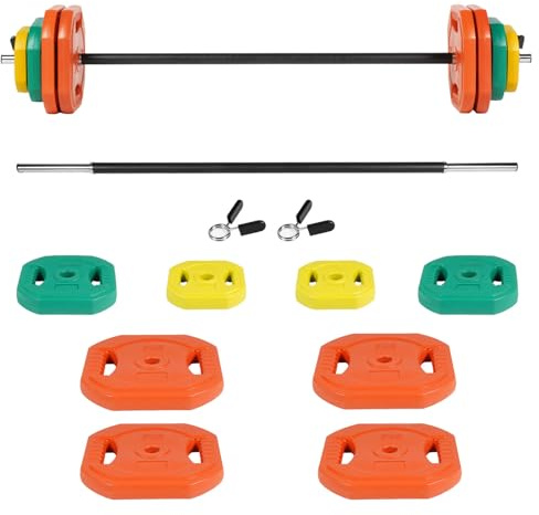 EIGFOH Plástico Set de Pesas con Barra, Discos de Colores de 7.5kg, 5kg, 2.5 kg y 1.25 kg,Juego de Mancuernas de 20/30/40/50kg