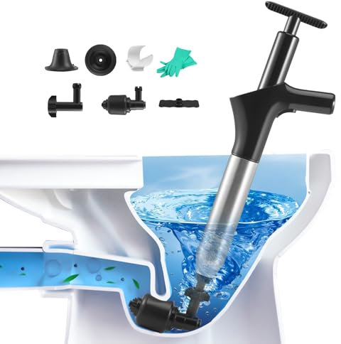 Desatascador Tuberias, Desatascador WC con 4 Cabezas de Pistón Aire Barómetro Desatascar Fregadero Muy Atascado Profesional Presion Desagues para Inodoro Lavabo Bañera Tubería Plato Ducha