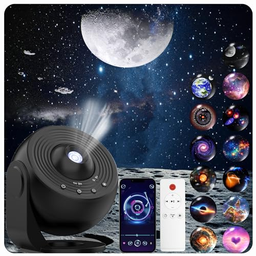 Galaxy Projector for Bedroom Pro Version, HD 12 in 1 Film Discs Star Projector with Bluetooth Galaxy Light, Planetarium Projector with Timer, White Noise, 360 ° Rotation, Remote Control，Black