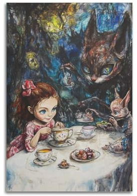 YMXHJJ Minimalistischer Kunstdruck auf Leinwand, Motiv: Alice im Wunderland, Poster mit surrealem Tee, Party-Szene, moderne Familie für Schlafzimmer, ungerahmt, 60 x 90 cm