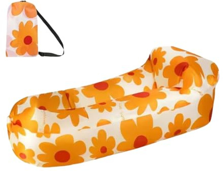 ENEN Aufblasbares Sofa Outdoor Camping, Drucken Aufblasbare Liege Faltbar Luftsofa Wasserdicht Luft Couch Leicht Air Lounger Strand Inflatable Beach Sofa für Reisen (Orange Blume,Einheitsgröße)