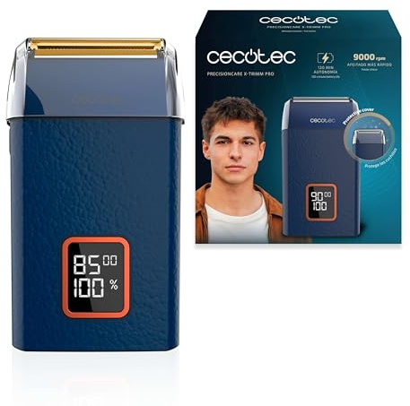 Cecotec Professioneller Lamellenrasierer PrecisionCare X-Trimm Shave. Ledergehäuse, 9000RPM Motor, 3 Geschwindigkeiten, Titanklingen, LED-Anzeige, 2h Laufzeit, Schutzkappe und Reisetasche